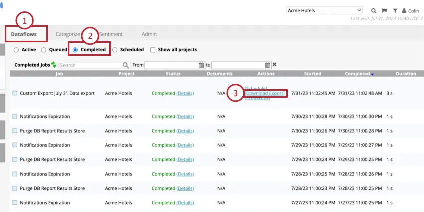 en cliquant sur télécharger lexportation dans longlet Terminé dans Dataflows