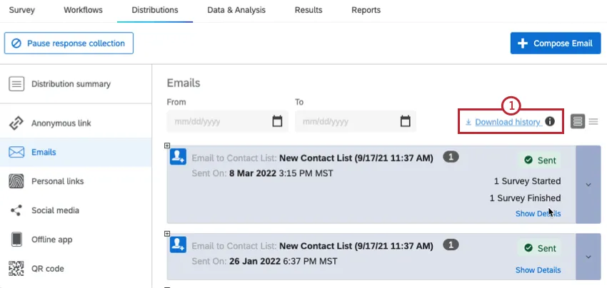 clicking download history in the distributions tab