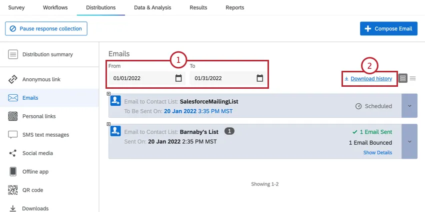 choosing a date range and clicking download histories