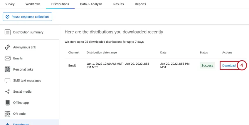 clicking download to save the distribution histories