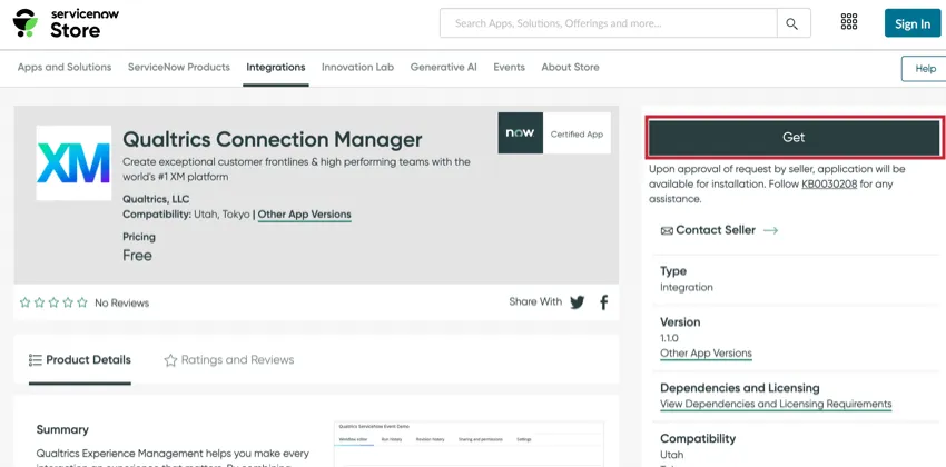 La aplicación qualtrics Connection gerente en la tienda ServiceNow