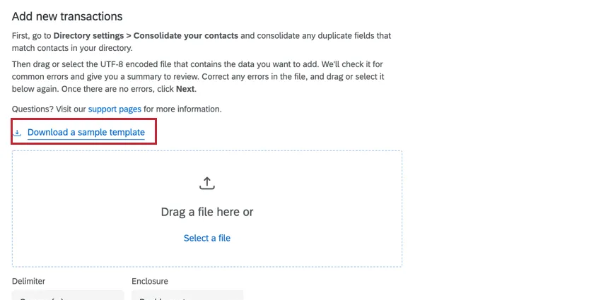 cliccando sul download di un campione per la creazione di transazioni