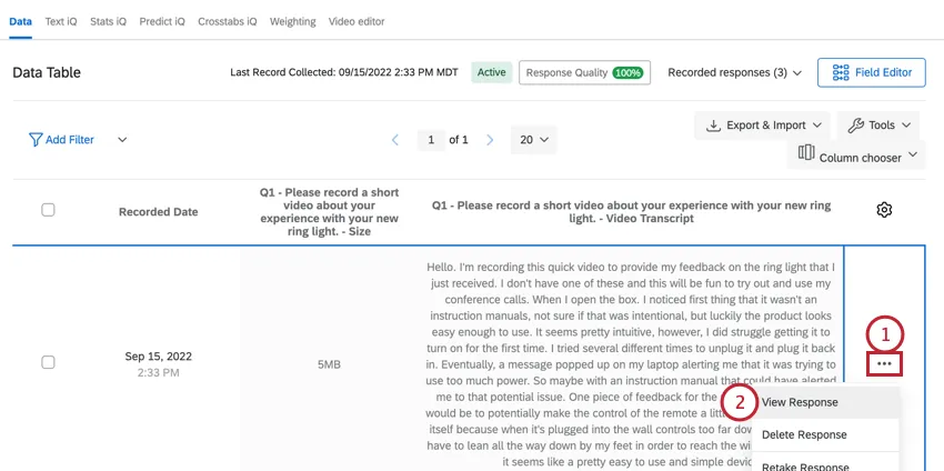 clicking View Response in Data & Analysis