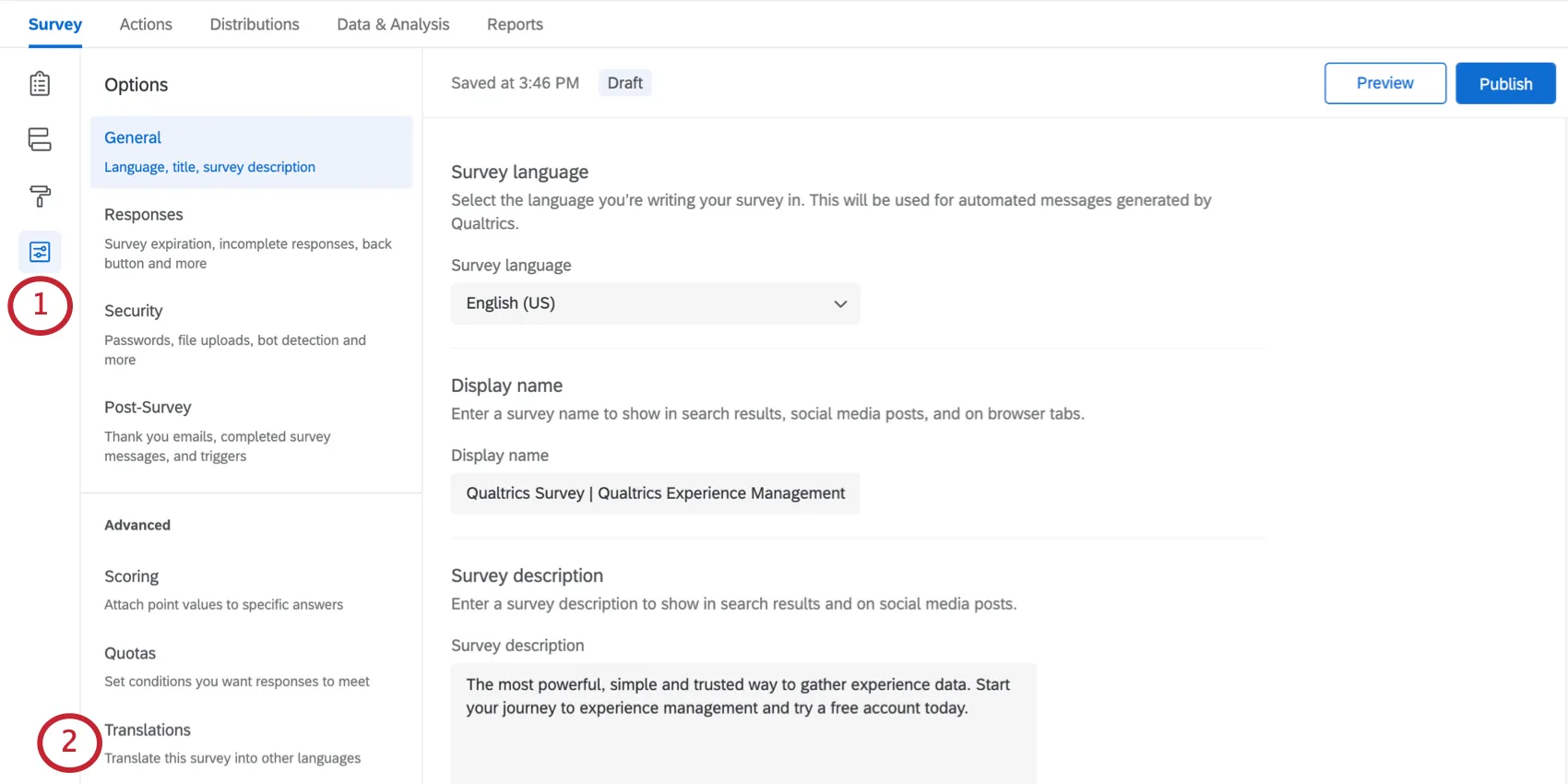 Translations option inside the survey options menu