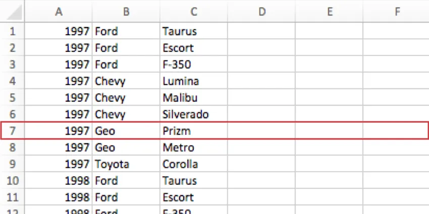 Uma linha do CSV é destacada