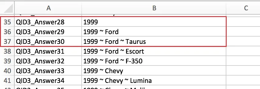 1999はAnswer28、1999 FordはAnswer29、1999 Ford TaurusはAnswer30