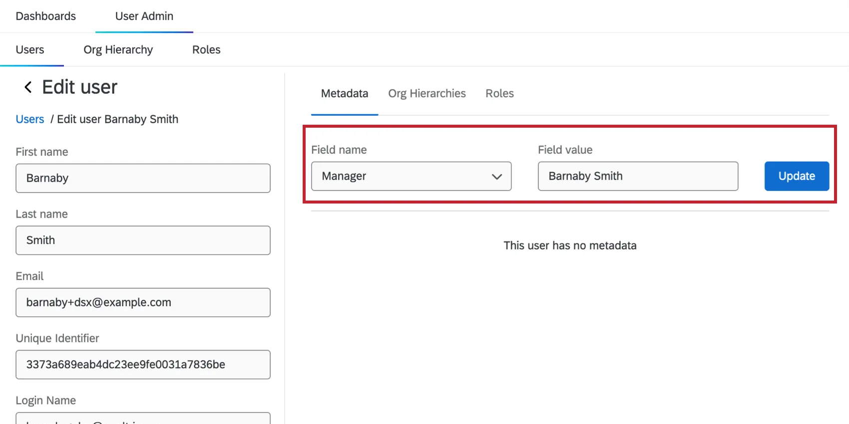ユーザー情報ウィンドウの中に、同じ名前のマネージャーのフィールドが入力されている。