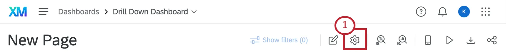 Zahnradsymbol oben rechts auf einem Dashboard