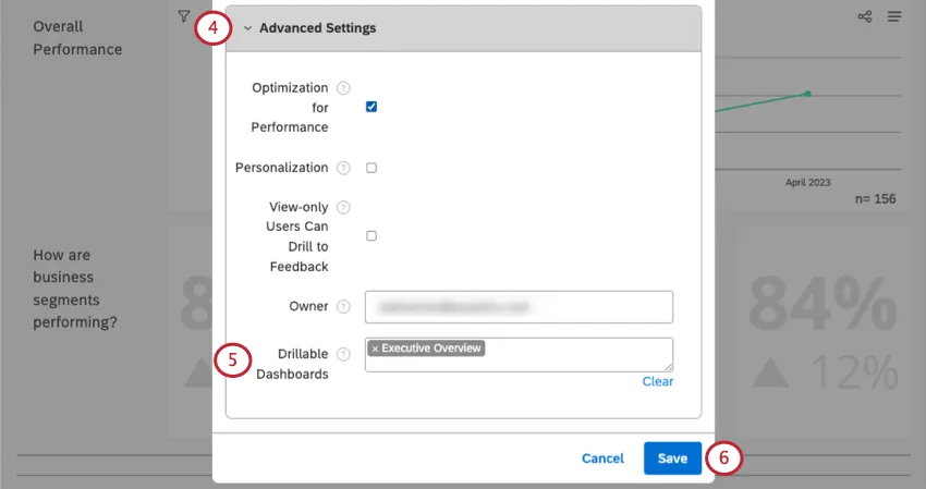 seção de configurações avançadas da janela de propriedades dashboard