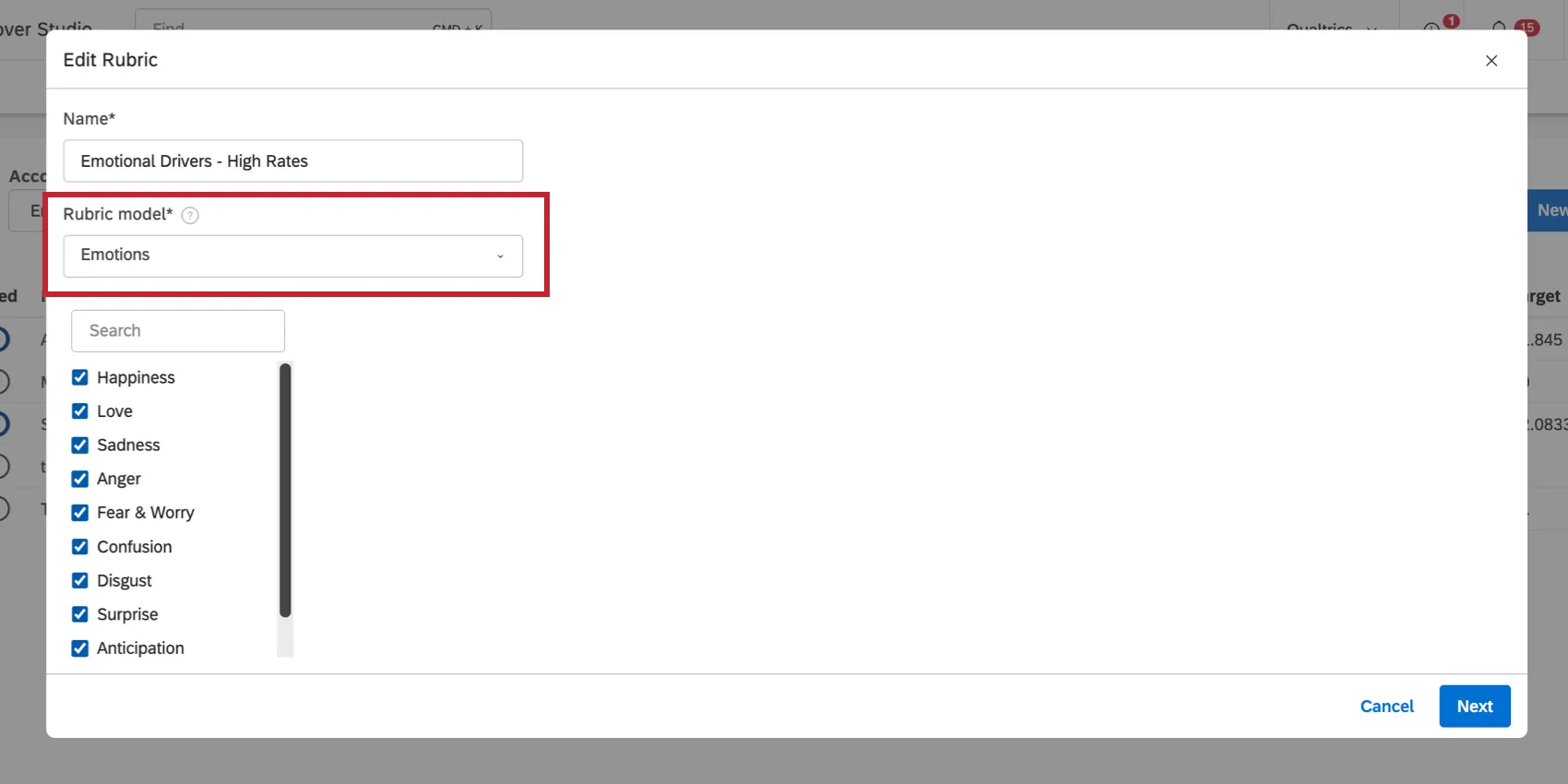 rubric creation step where you select a category model