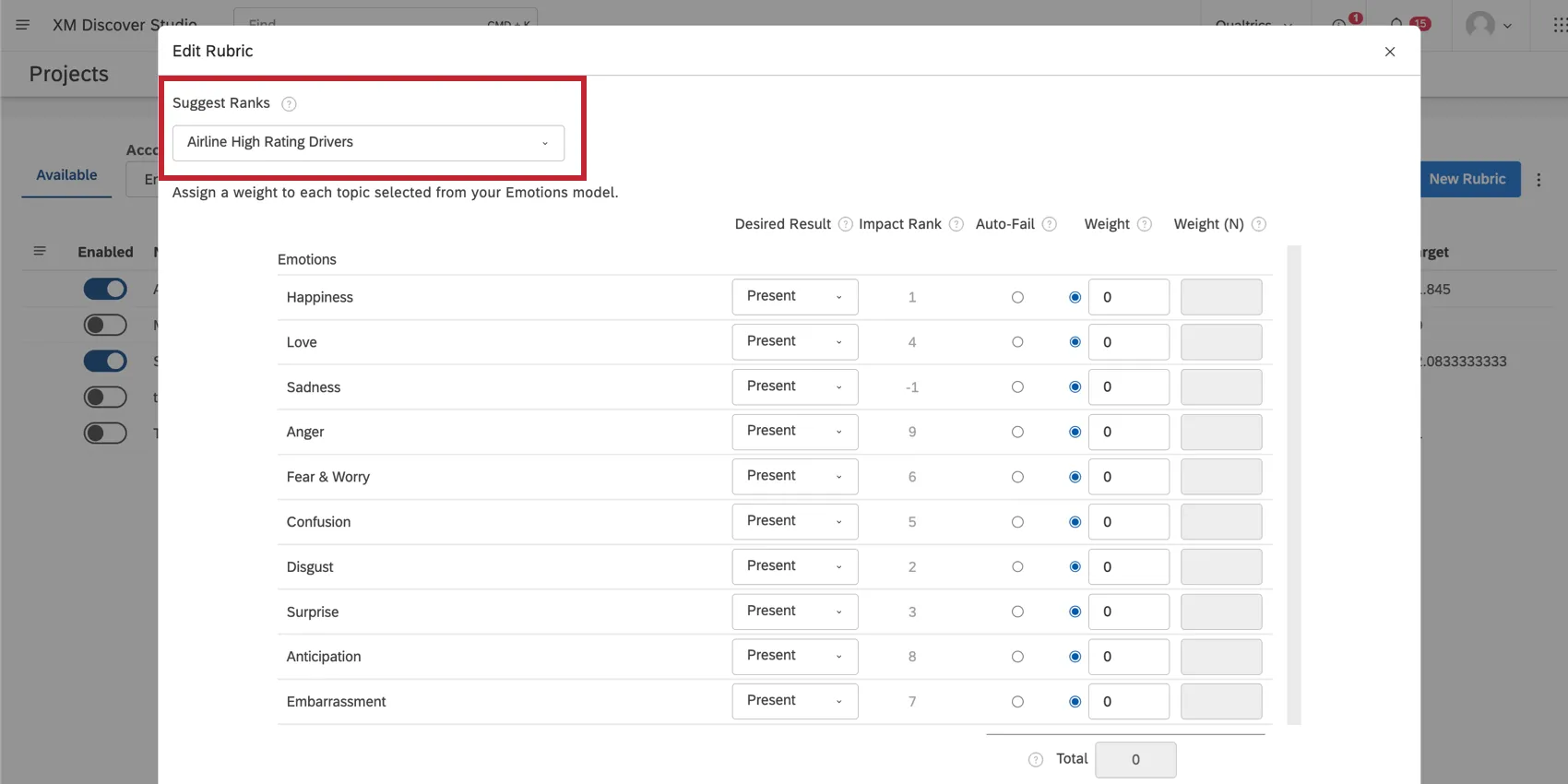 rubric criteria step, but suggest ranks is configured at the top