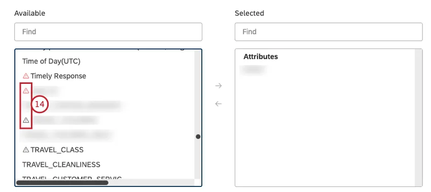 Attributes and topics that have a scarce number of values within the selected scope are marked with a gray warning icon. Attributes and topics that have no values within the selected scope are marked with a red warning icon.