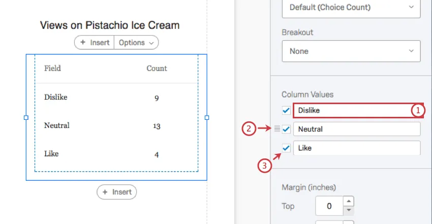 column values on the visualization editing pane