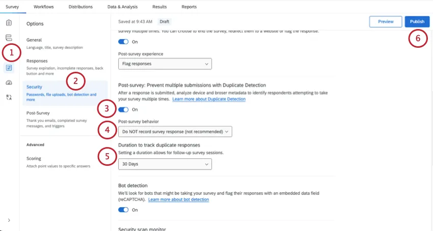 duplicate detection setting in the security section of survey options