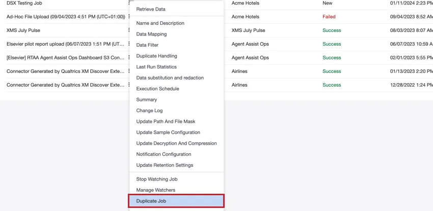 choosing duplicate job from the job options menu