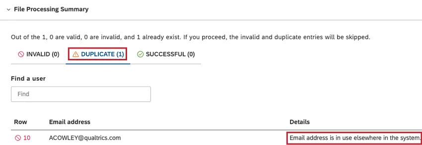 The number of duplicate entries will be in the DUPLICATE tab, and details about each duplicate entry will be listed in the Details column.