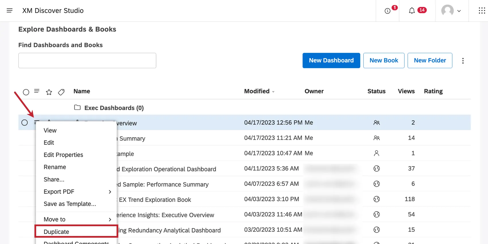 On homepage, hamburger menu expanded next to a dashboard, duplicate option highlighted