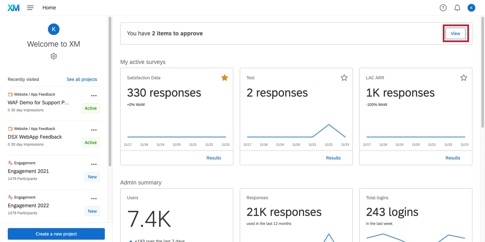 Homepage con il pulsante Visualizza in alto a destra