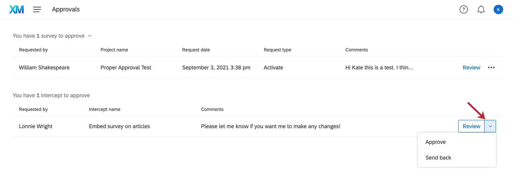 Picture of intercept approval page where the dropdown next to the Review button is expanded