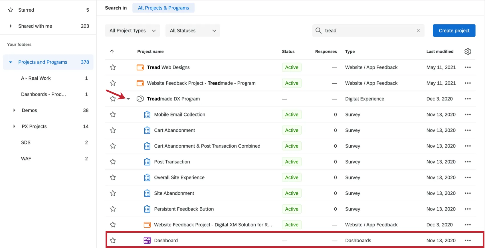 Image du programme située sur une page de projets, développée pour montrer un ensemble denquêtes, de tableaux de bord et de projets davis sur le site Web/lapplication en retrait en dessous