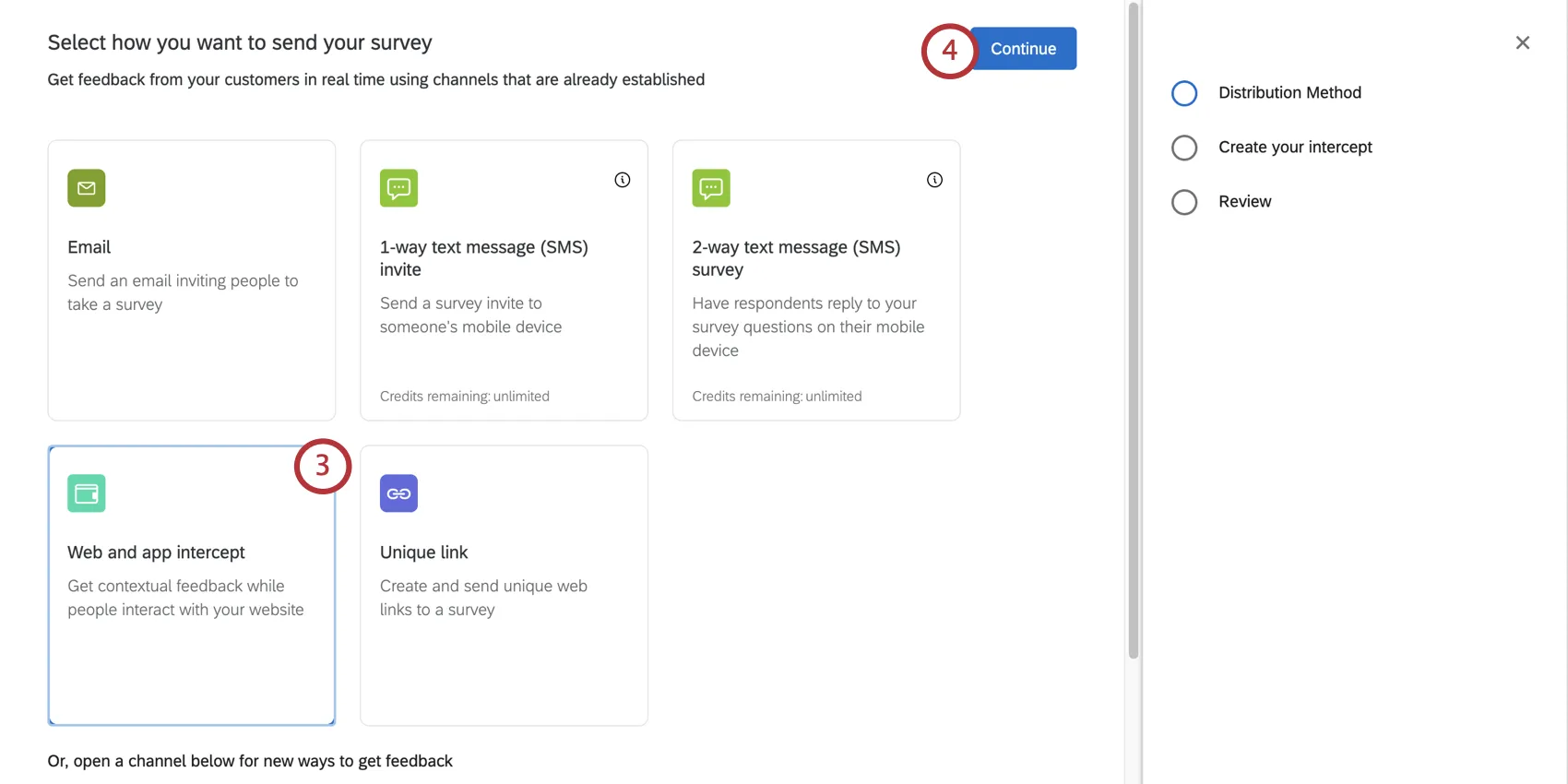Tile diz feedback da Web e do aplicativo. Botão Continuar no canto superior direito