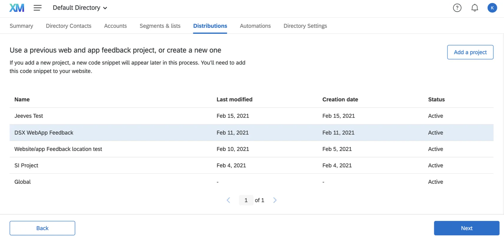A list of previous projects appears; button also for adding a new one instead