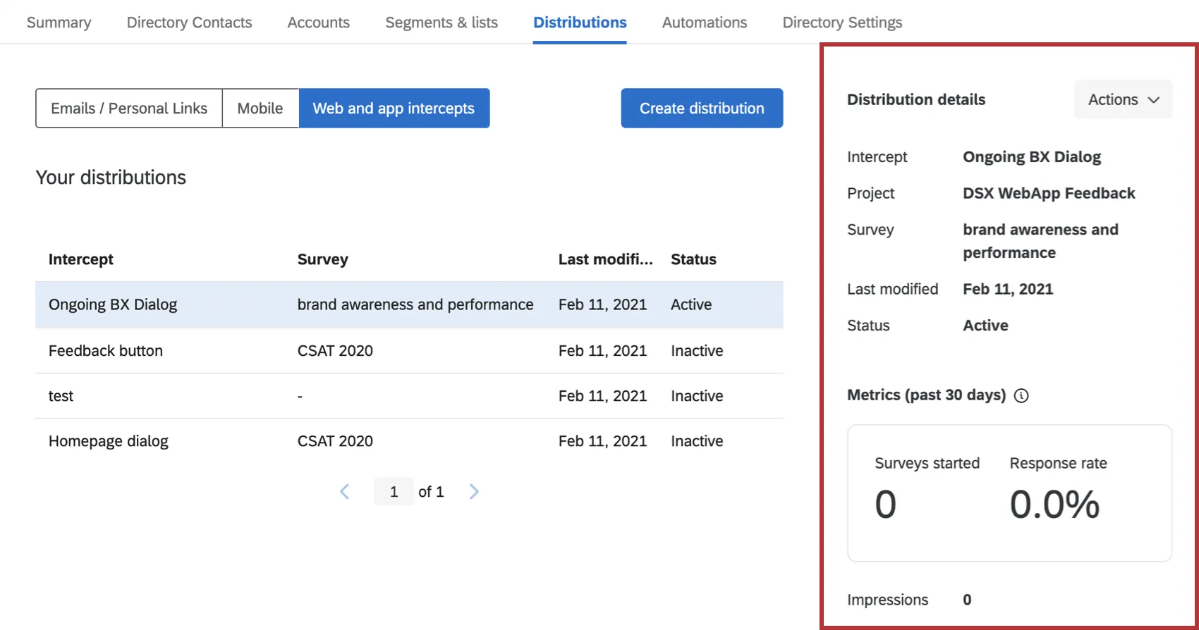 Metrics and actions that open when you select a distribution