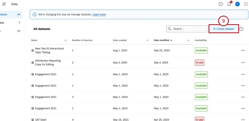 clicking "create dataset" on the data page