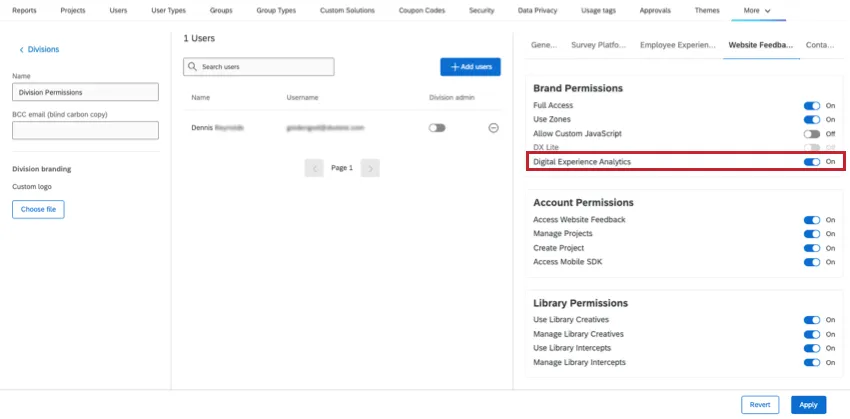 Editing a division, in the website feedback permissions