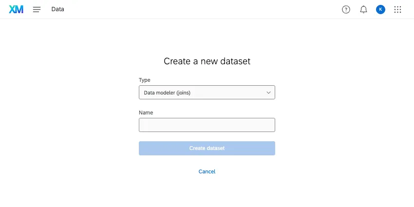 Pantalla de creación de conjunto de datos con el modelo de datos elegido