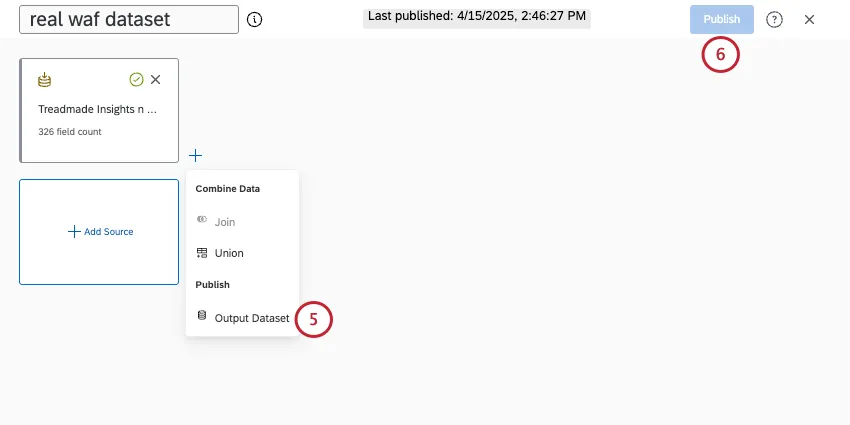 output dataset and publish options highlighted in modeler