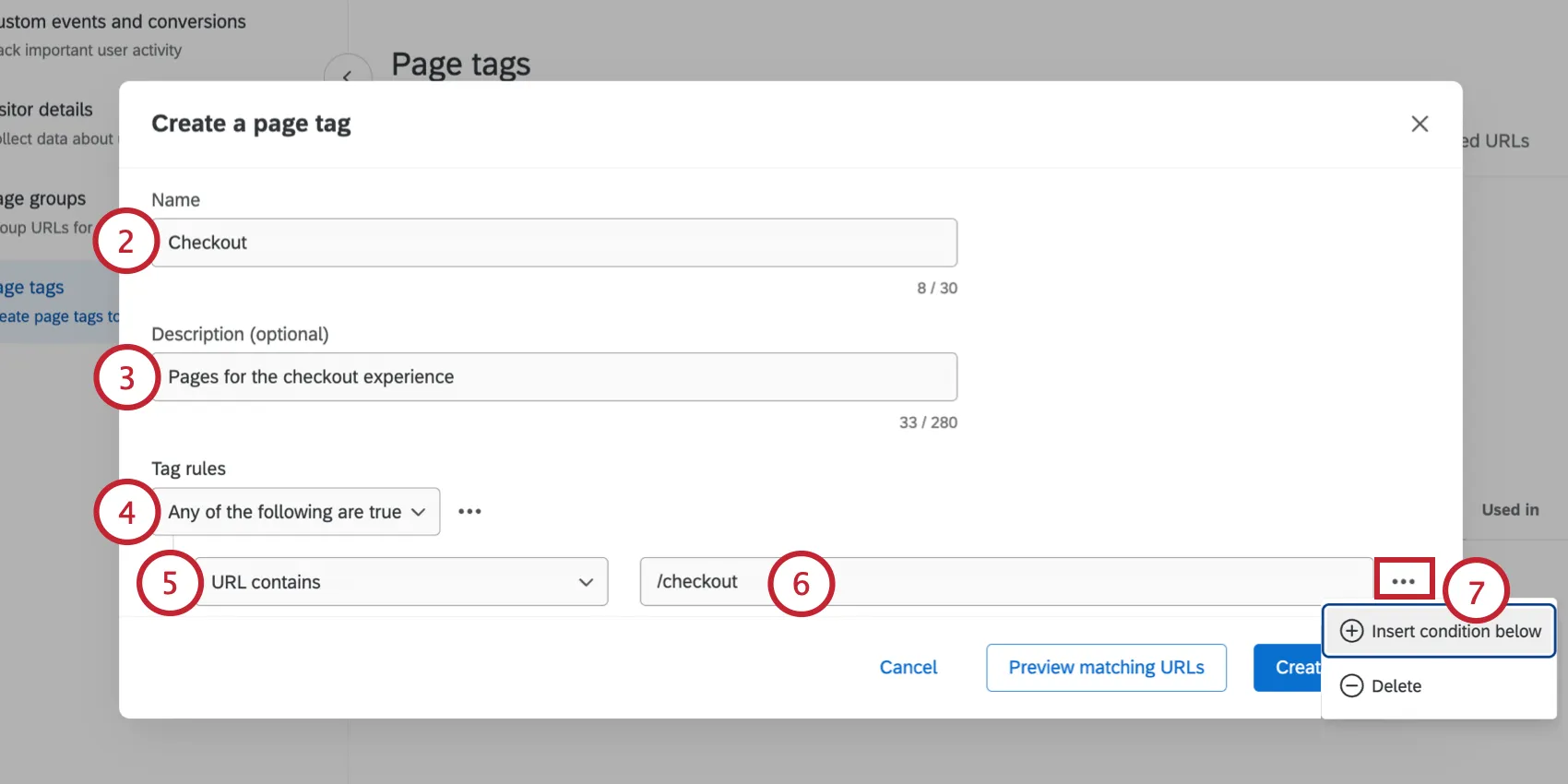 creating the page tag and setting the conditions