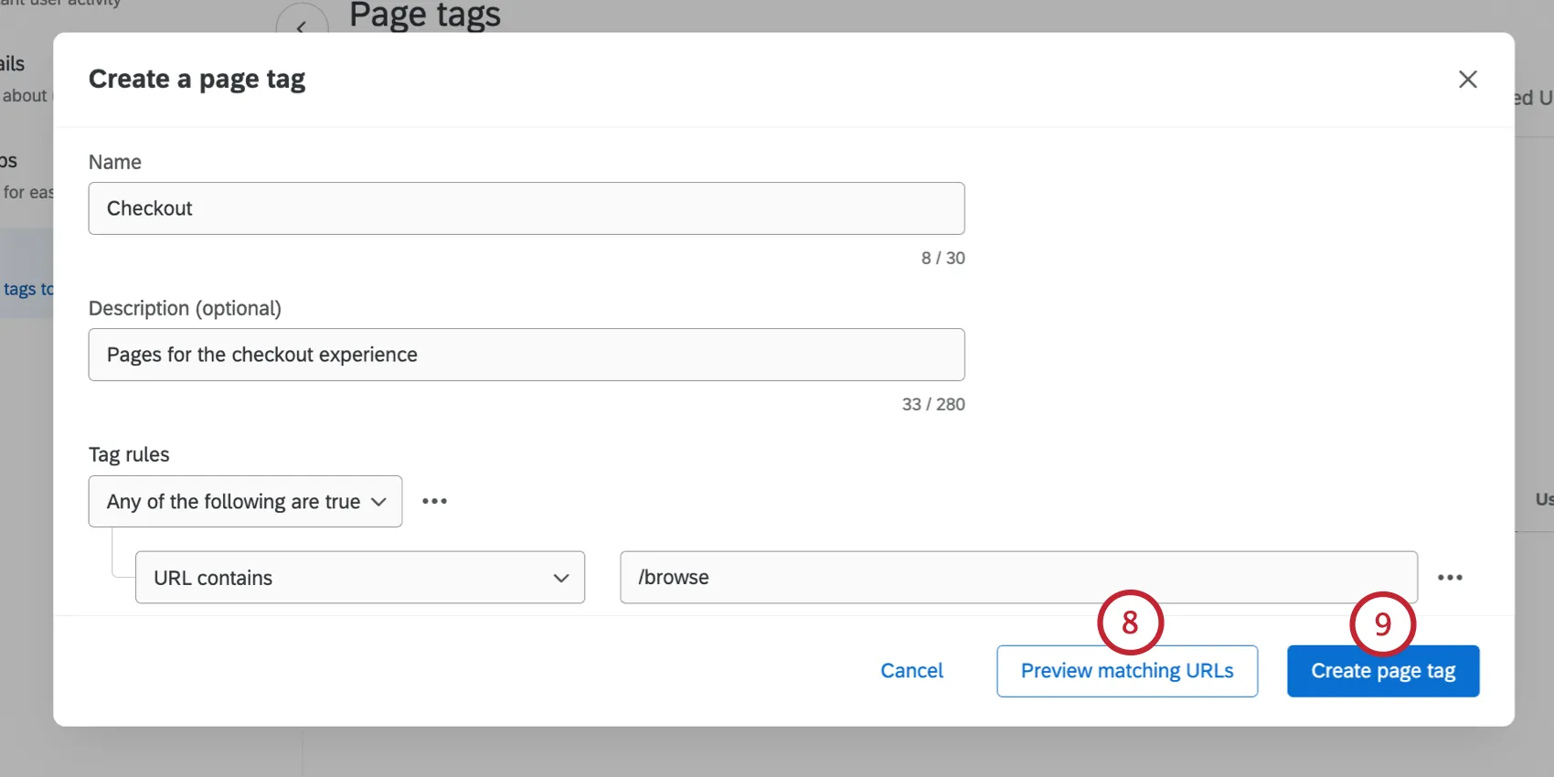previewing matching URLs and saving the tag