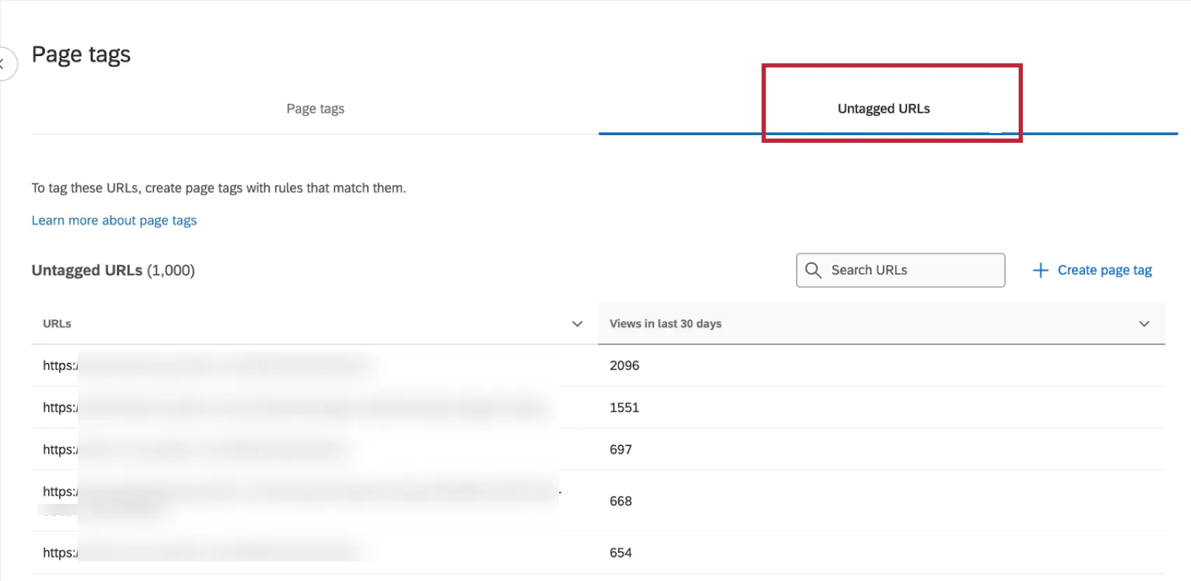 the Untagged URLs section of page tags