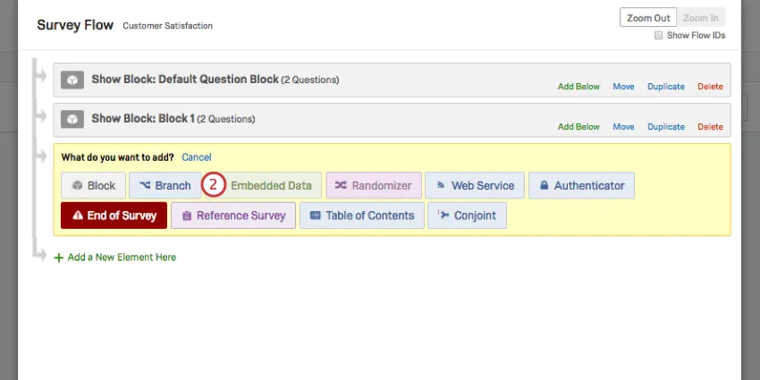 Embedded Data button in Add a New Element Here menu