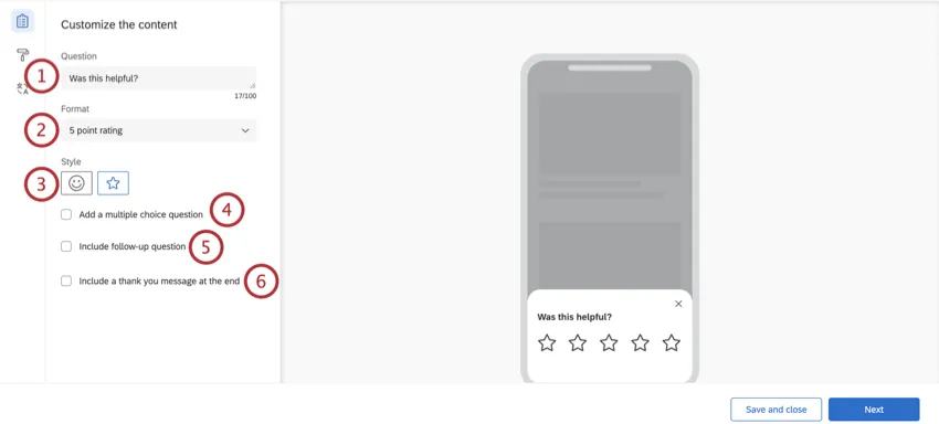 Customization options in the editing pane of the embedded app feedback intercept