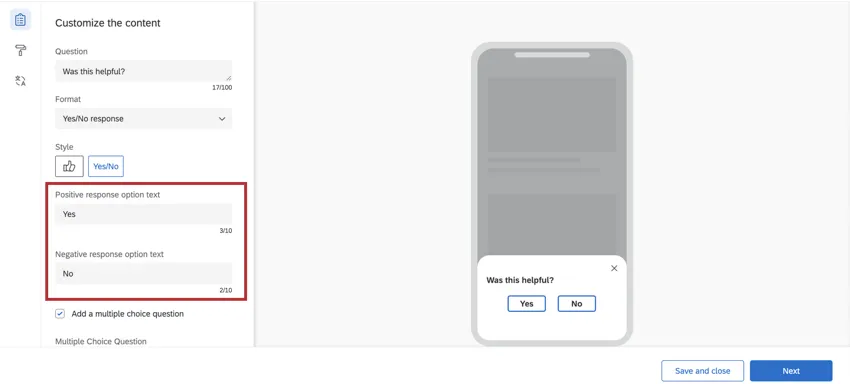The editing pane shows the option to enter your own text for the Yes/No format. The default, Yes/No, is shown.