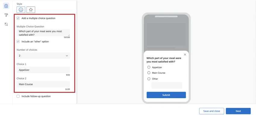 When adding a multiple choice question, additional customization options appear on the left side