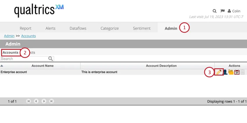Navegar até a seção Accounts (Contas) da guia Admin e clicar em edit (editar) avançar de uma conta