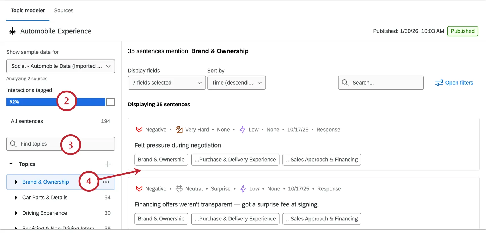 valutando le frasi che sono state etichettate con ciascun argomento