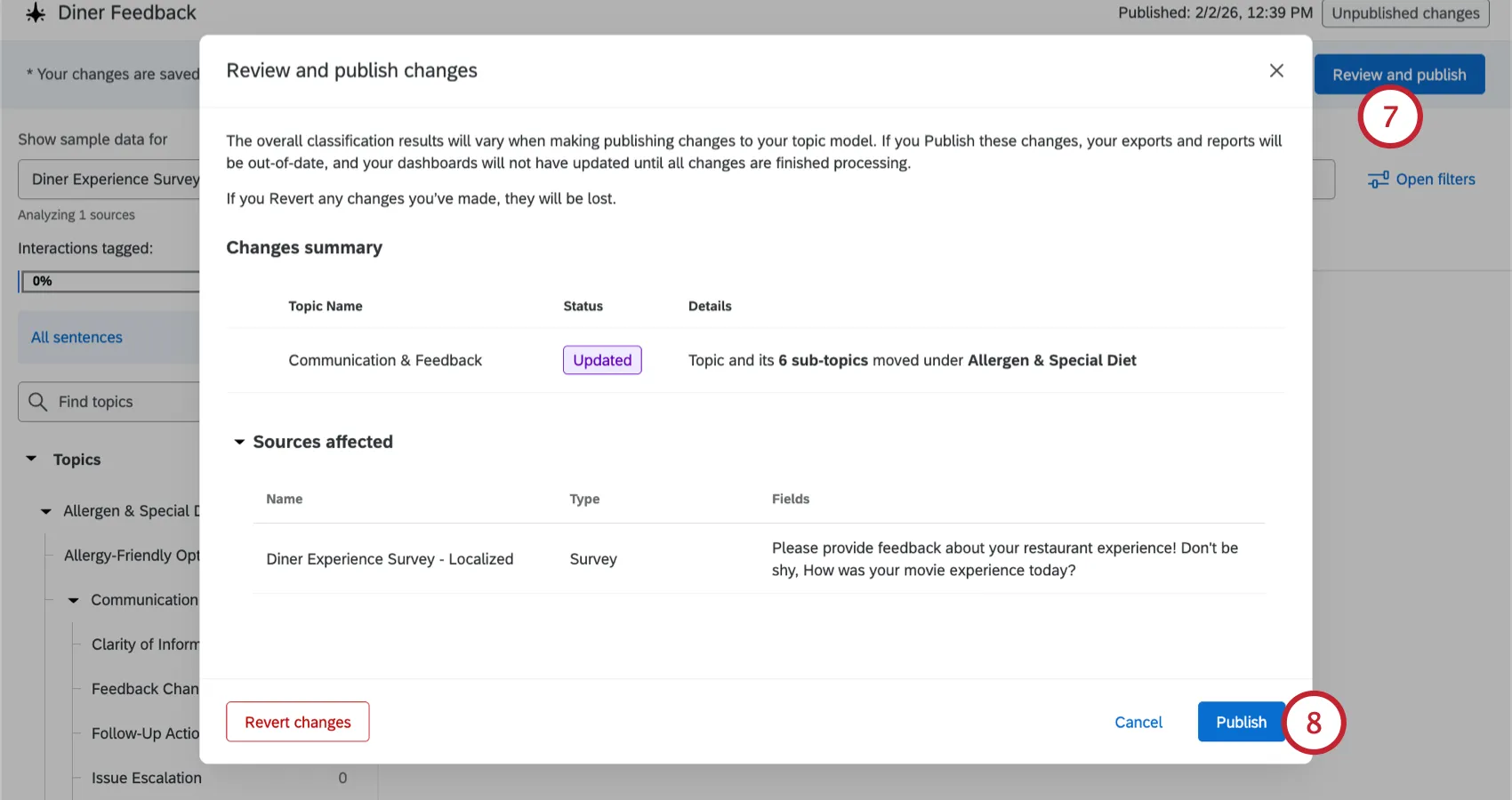 reviewing and publishing the changes to the model