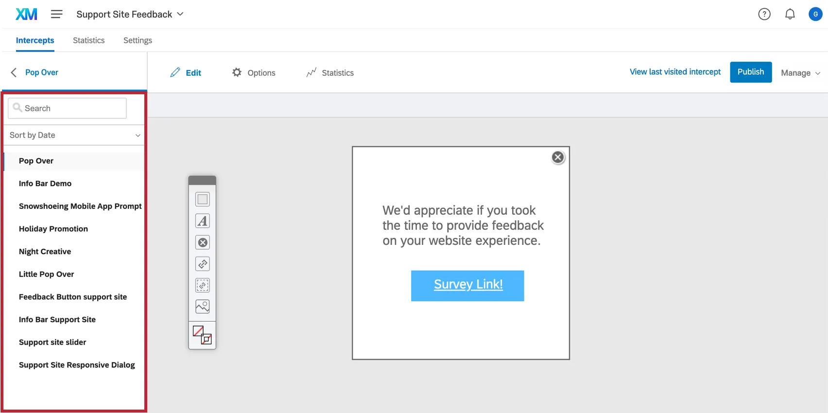 Creative selection menu on the left side of the screen