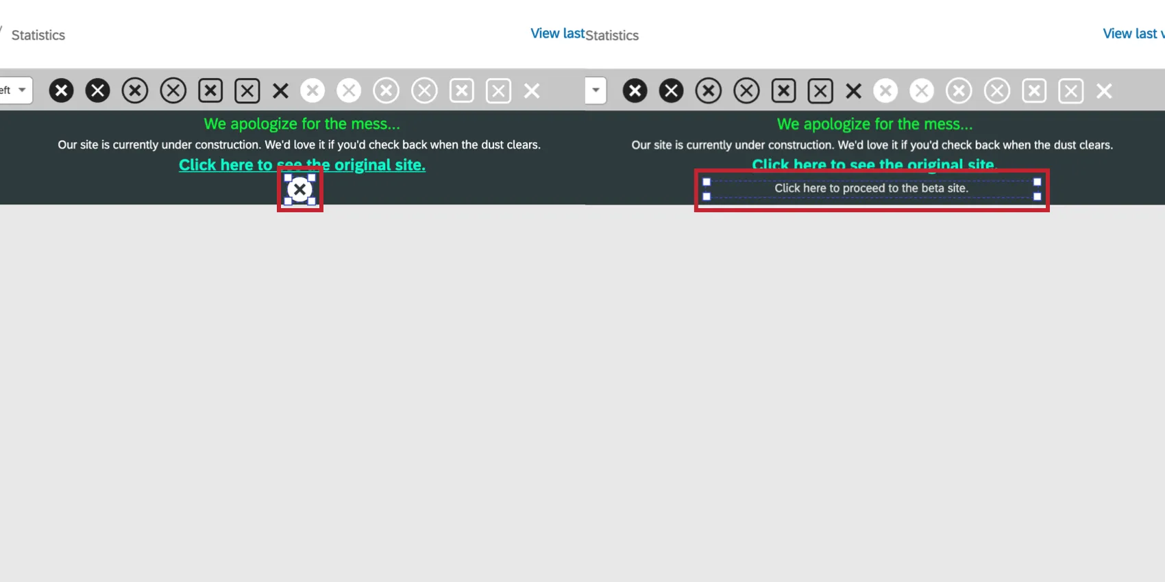 On the left, the close button image is highlighted. On the right, it has been replaced with text.