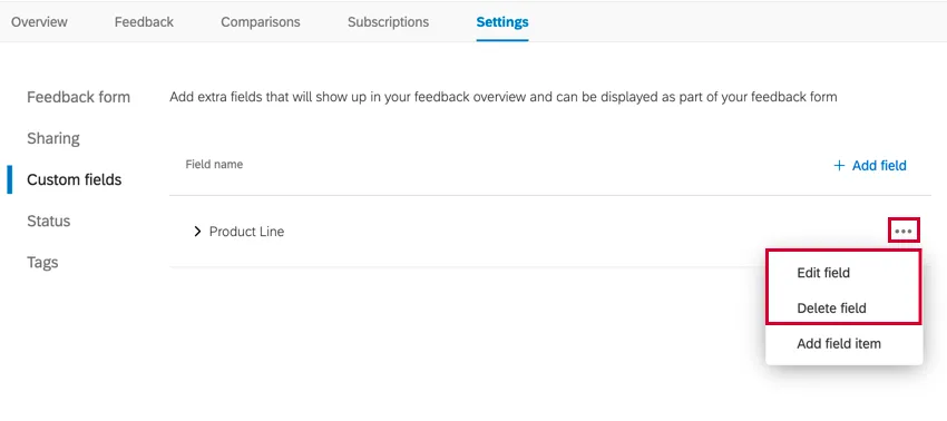 the edit field and delete field options for a custom field