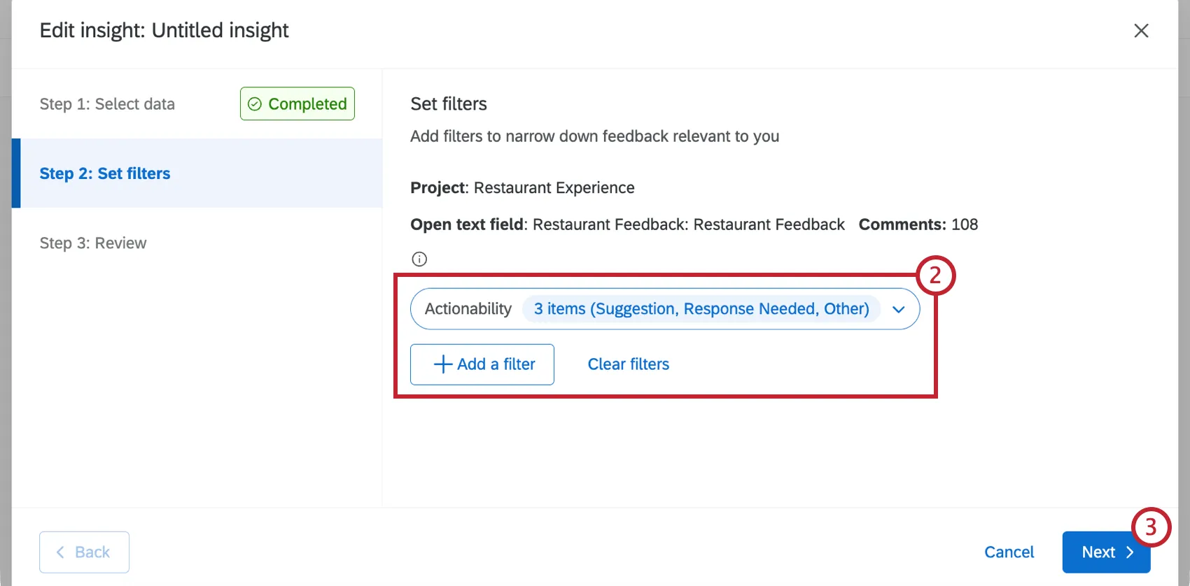 filters within an insight highlighted