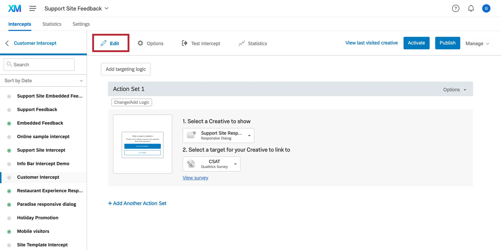 Editar a seção de interceptações em Website/App Feedback
