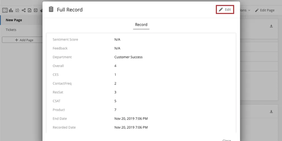 Record window open over dashboard, edit button in upper-right