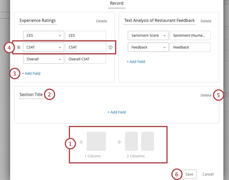 Numbered sections of the editing view