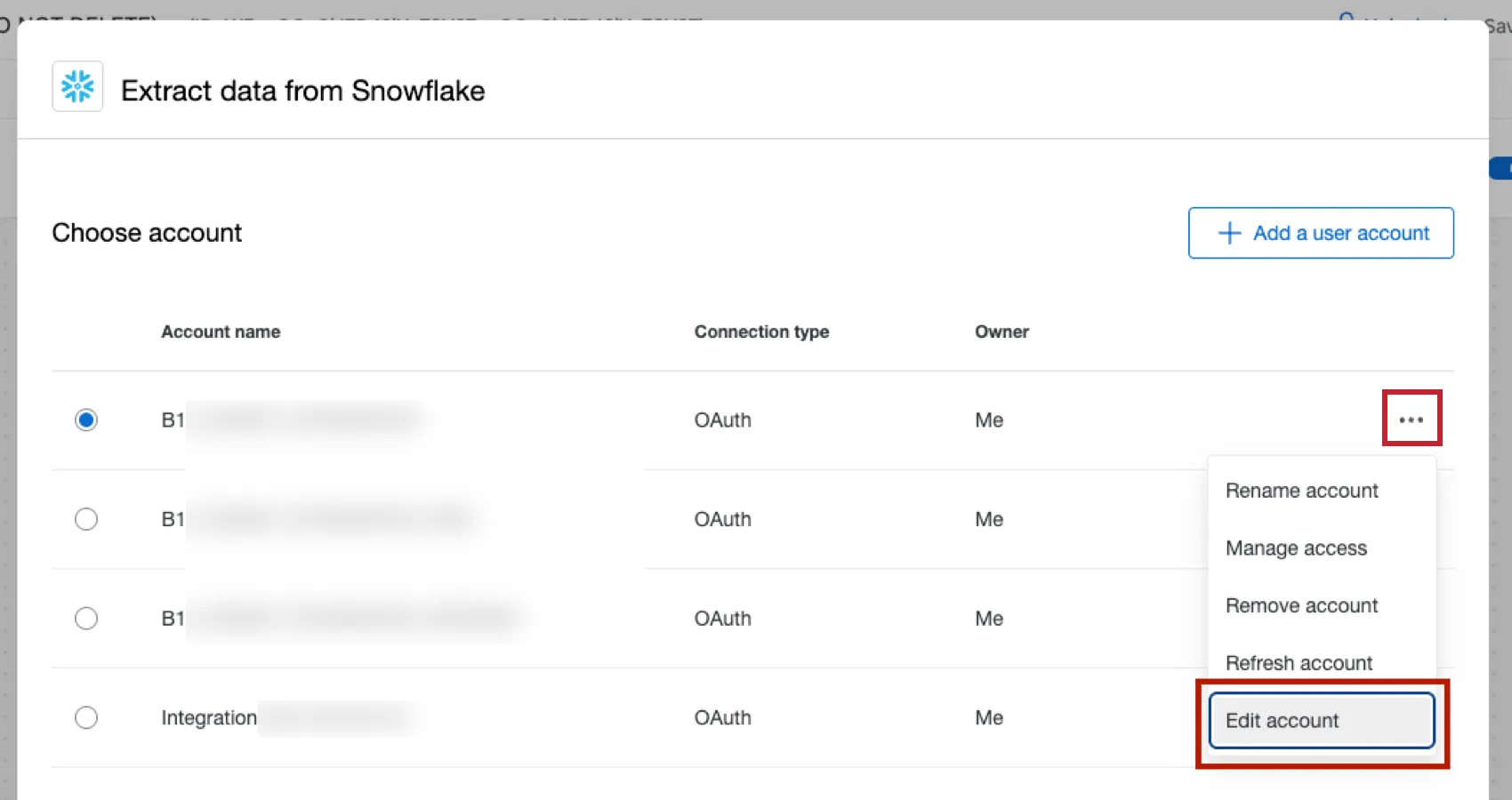 期限切れのSNOWFLAKE接続の横にあるアカウントの編集をクリックする。