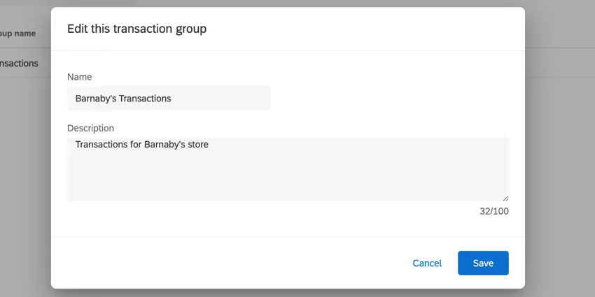 modification du nom et de la description du groupe de transactions